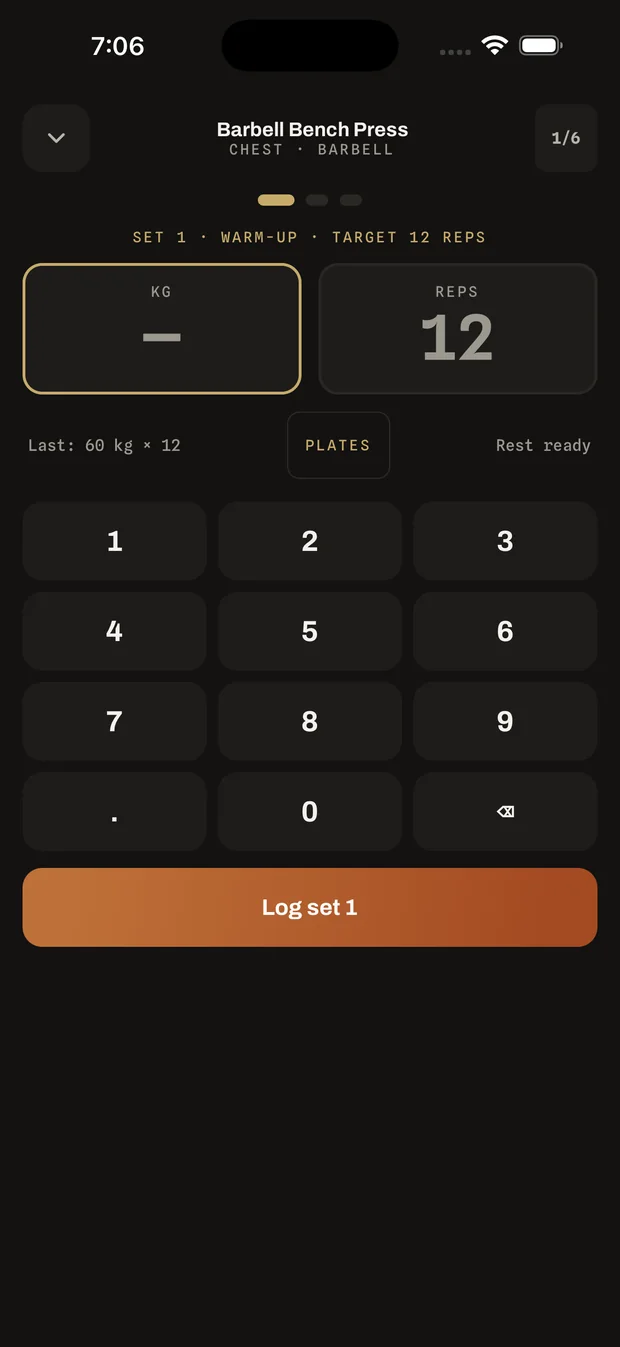 Logging a set of barbell bench press: a large weight field, a number pad, last session's numbers for comparison, and a button reading Log set 1.